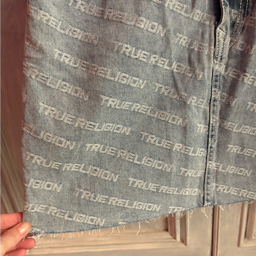 True Religion Monogram High Rise Denim Mini Skirt Leaping Water Y2K - Picture 5 of 11
